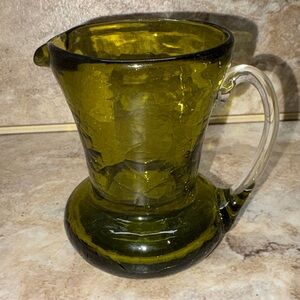 Vintage Olive Green Crackle Glass Mini Pitcher Hand Blown Art Glass 3-3/8”H